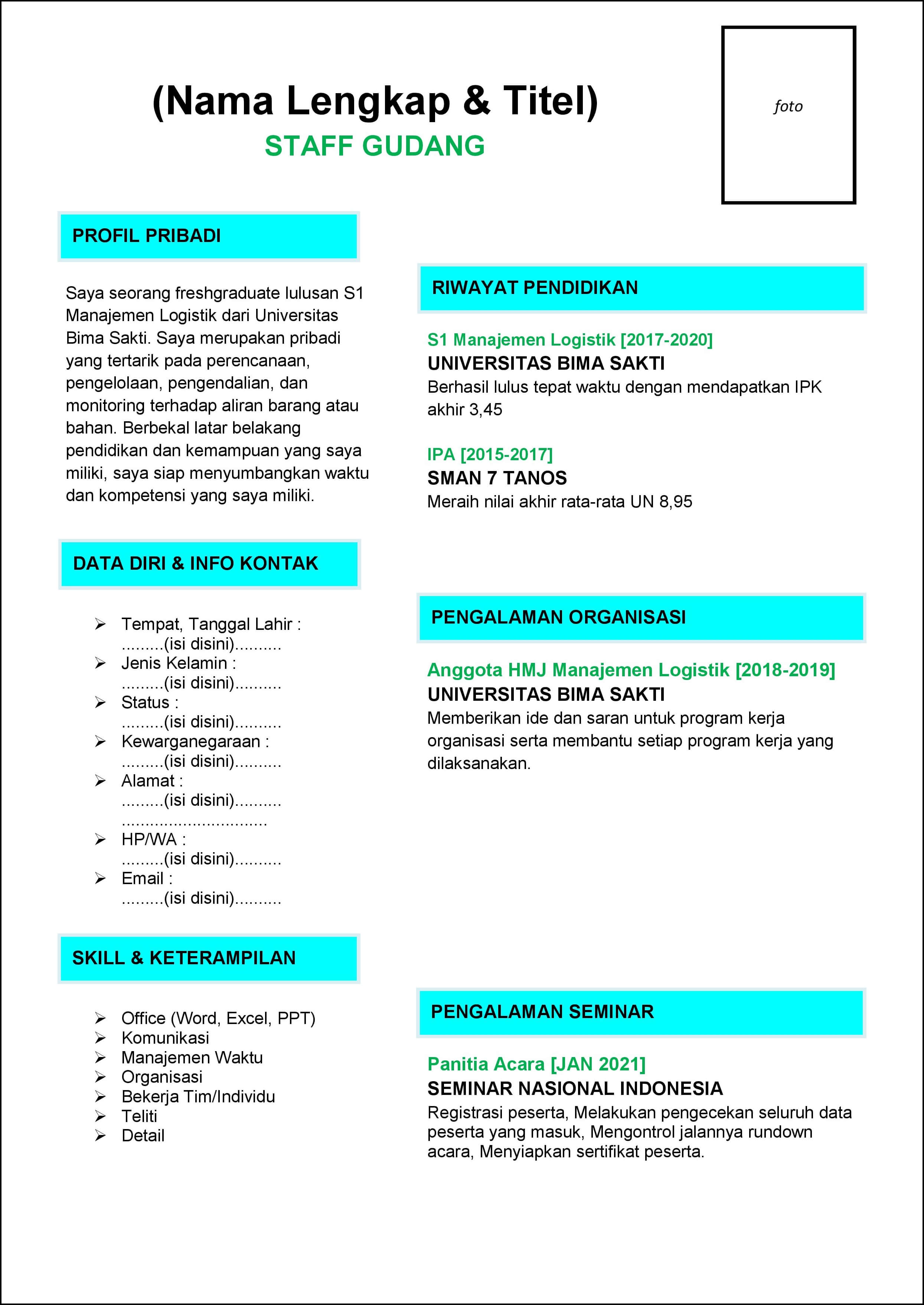 Contoh Curriculum Vitae (CV) Staff Gudang (Warehouse Staff) Untuk Fresh Contoh Curriculum Vitae (CV) Staff Gudang (Warehouse Staff) Untuk Fresh