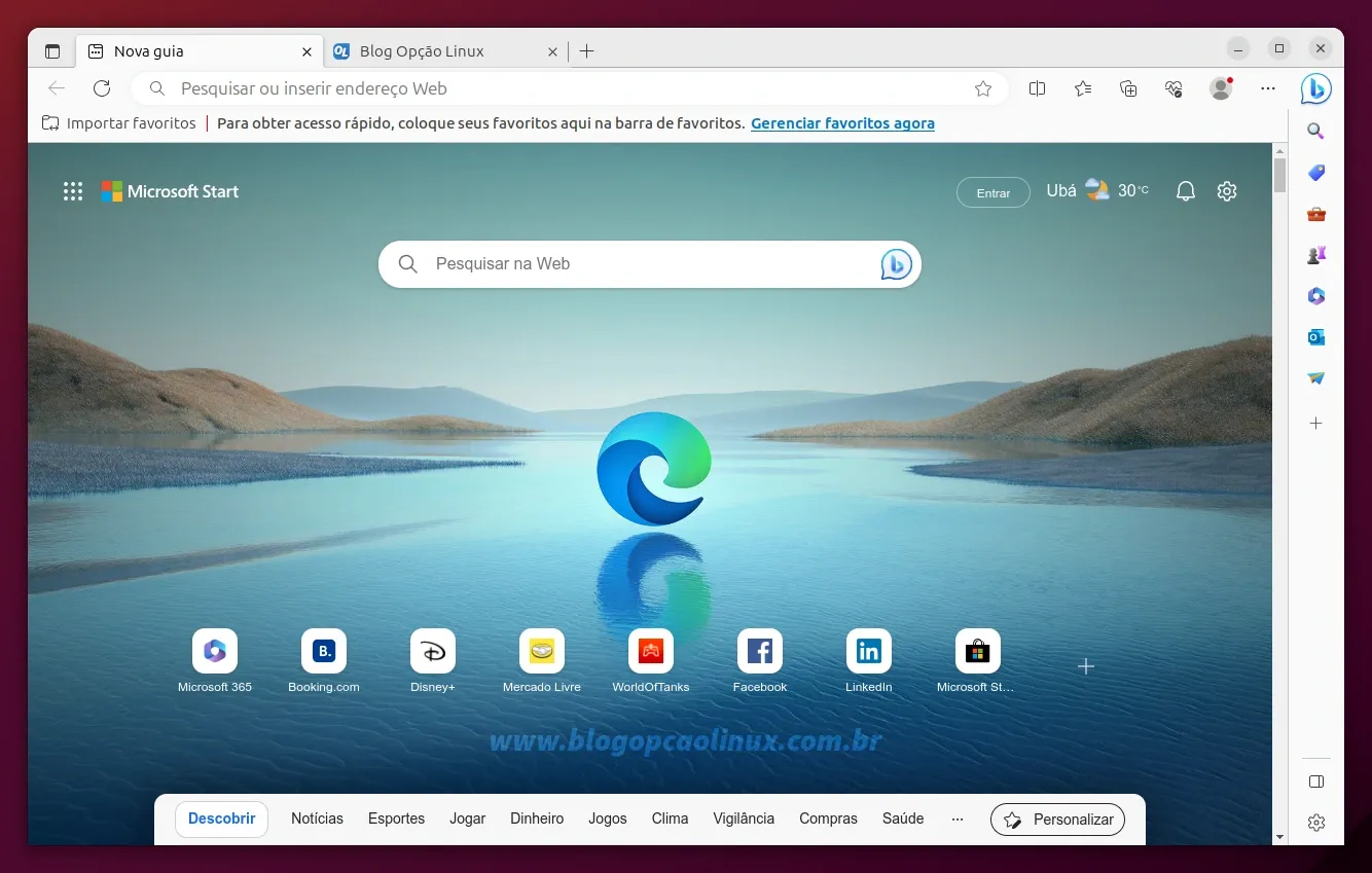 Microsoft Edge executando no Ubuntu 23.10 (Mantic Minotaur)