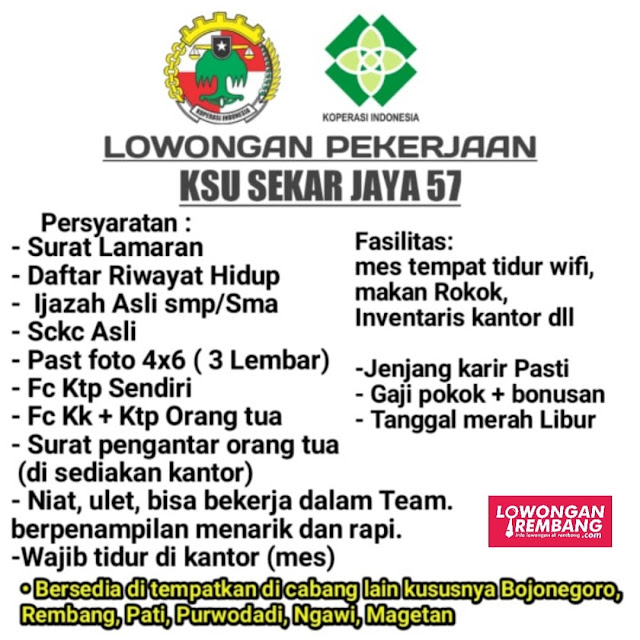 Lowongan Kerja Pegawai KSU Sekar Jaya 57 Rembang
