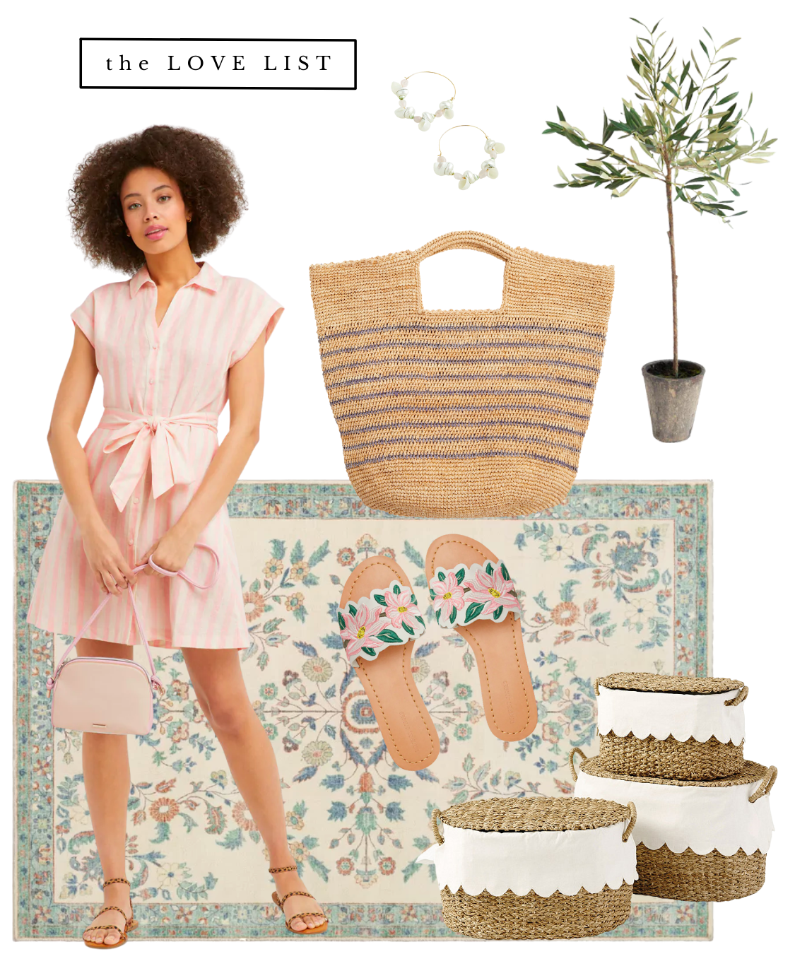 pink white striped dress, scalloped baskets, pink oriental rug pink white striped dress, scalloped baskets, pink oriental rug
