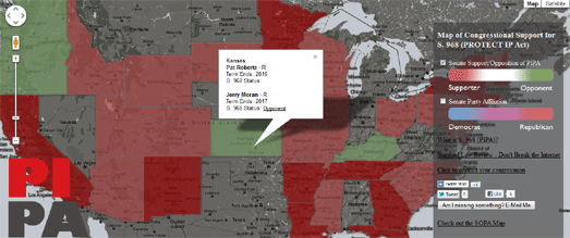 Spatial Situation has created 2 maps to demo congressional back upward  New Maps of SOPA & PIPA Supporting Senators