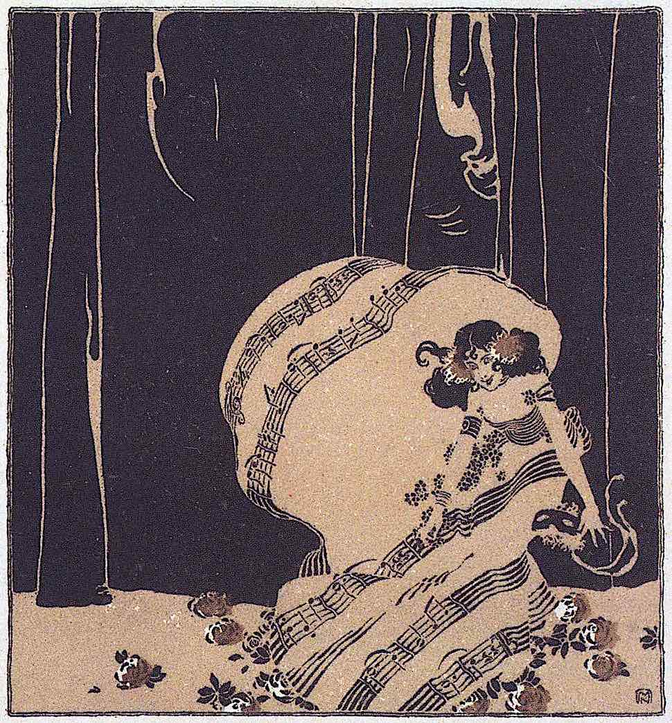 a Koloman Moser illustration in brown of a performer on stage receiving roses and applause