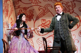 IN PERFORMANCE: Mezzo-soprano CECELIA HALL as Rosina (left) and bass-baritone TYLER SIMPSON as Dottor Bartolo (right) in North Carolina Opera's production of Gioachino Rossini's IL BARBIERE DI SIVIGLIA, 1 April 2016 [Photo by Curtis Brown, © by North Carolina Opera]