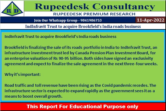 IndInfravit Trust to acquire Brookfield’s India roads business - Rupeedesk Reports - 11.04.2022