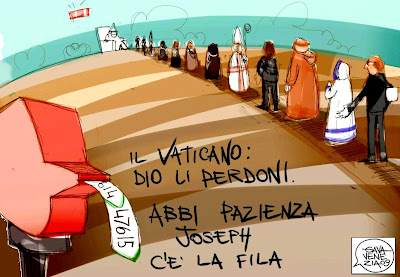 Gava satira vignette coda in vaticano elimina perdono Ratzinger Papa