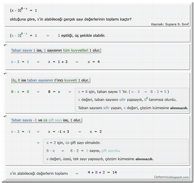 Örnek soru 11 » Üslü denklemler » üslü denklem, 1'e eşit ise (Kaynak: Supara 9. Sınıf).