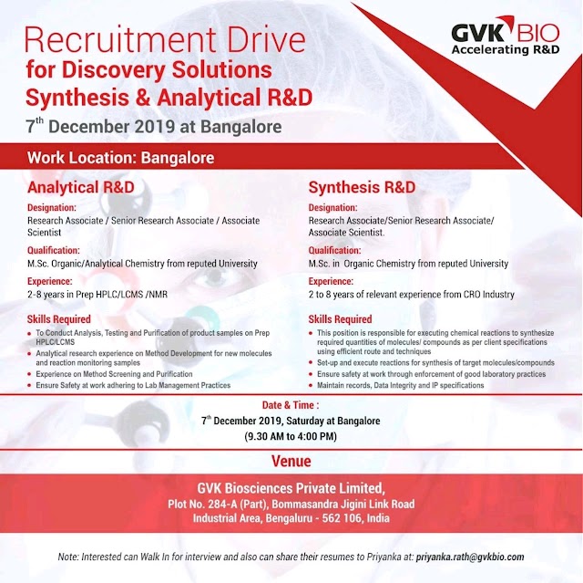 GVK bio | Recruitment drive for Discovery solutions on 7 Dec 2019 | Pharma Jobs in Bangalore