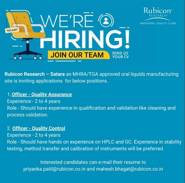 Job Availables, Rubicon Research Job Vacancy For Quality Control / Quality Assurance