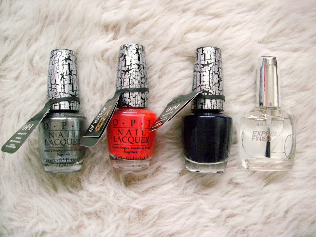 Nails (OPI Silver Shatter, OPI Pink Shatter, OPI Navy Shatter and Maybelline Express Finish 40 Clear nail polish).