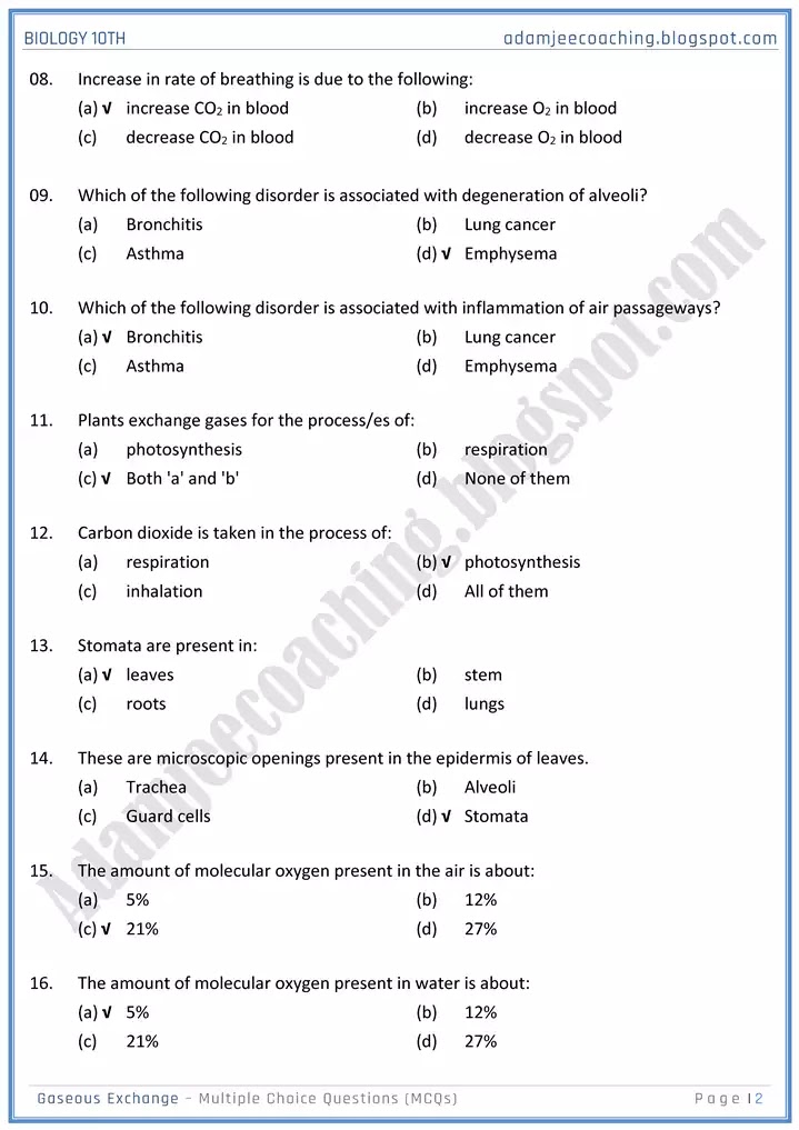 gaseous-exchange-mcqs-biology-10th