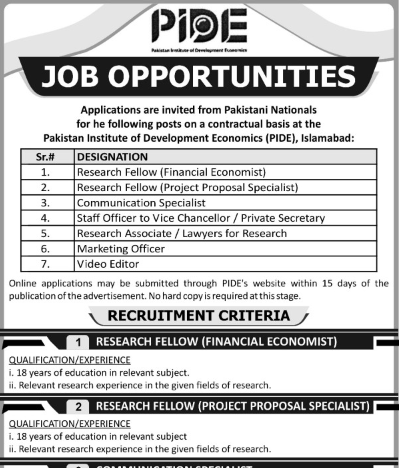 Latest jobs Pakistan Institute of Development Economics PIDE Management job Posts Islamabad