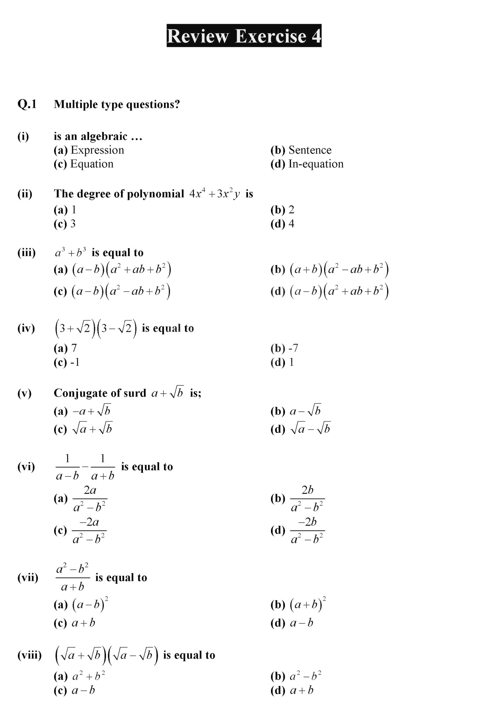 9th Class Notes Math Chapter Chapter 4: Algebraic Expressions and Algebraic Formulas   { Review Exercise 4 }