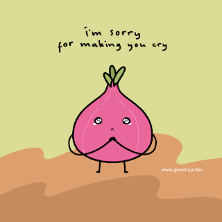 A cartoon image of a pink onion with a sad expression and a mustache, standing against a light brown background. Above the onion, there’s text that reads “I’m sorry for making you cry