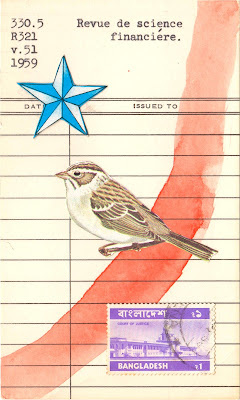 Sparrow bird identification guide vintage postage stamp star library due date card collage art by Justin Marquis