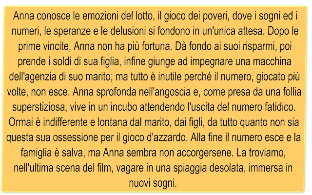 Anna conosce le emozioni del lotto, il gioco dei poveri, dove i sogni ed i numeri, le speranze e le delusioni si fondono in un'unica attesa. Dopo le prime vincite, Anna non ha più fortuna. Dà fondo ai suoi risparmi, poi prende i soldi di sua figlia, infine giunge ad impegnare una macchina dell'agenzia di suo marito; ma tutto è inutile perché il numero, giocato più volte, non esce. Anna sprofonda nell'angoscia e, come presa da una follia superstiziosa, vive in un incubo attendendo l'uscita del numero fatidico. Ormai è indifferente e lontana dal marito, dai figli, da tutto quanto non sia questa sua ossessione per il gioco d'azzardo. Alla fine il numero esce e la famiglia è salva, ma Anna sembra non accorgersene. La troviamo, nell'ultima scena del film, vagare in una spiaggia desolata, immersa in nuovi sogni.