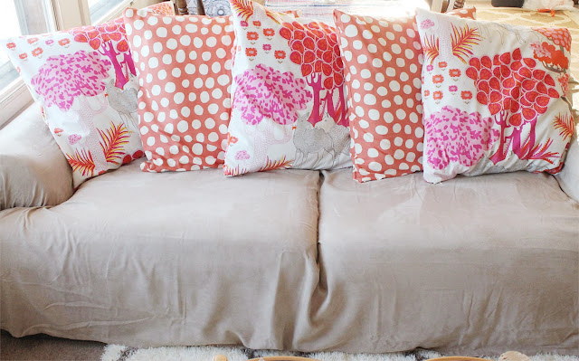 DIY, couch, makeover, home, decor, interior design, textiles, style, pillows, pink, orange