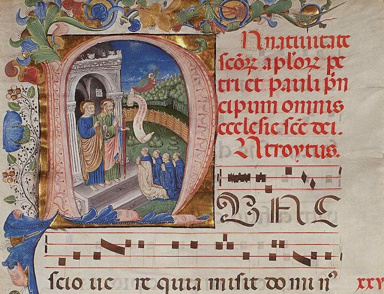 Iluminura representando São Pedro e São Paulo recebendo as almas dos monges na porta do Céu, Plimpton MS 040A, f1