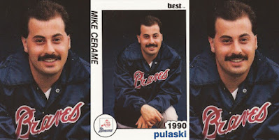 Mike Cerame 1990 Pulaski Braves card, Cerame smiling with moustache and in warmup jacket