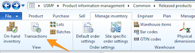 View of the Transactions button to view Inventory Transactions in AX