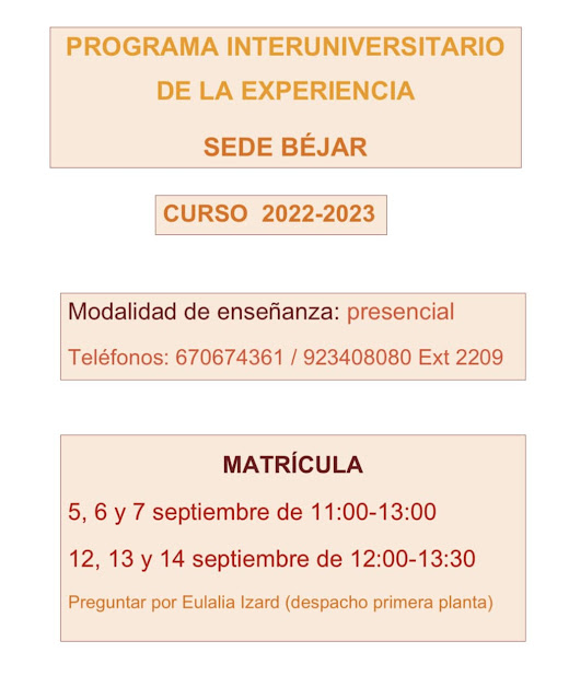 Abierto el plazo de matrícula de la Universidad de la Experiencia de Béjar - 16 de septiembre de 2022