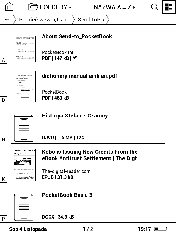 Zrzut ekranu - widok folderu SendToPb z plikami pobranymi z wykorzystaniem usługi Send-to-PocketBook