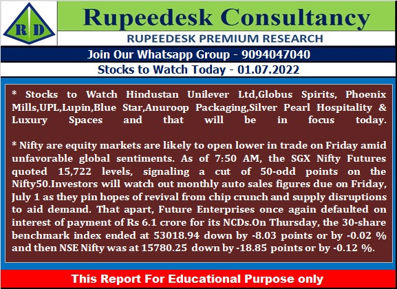 Stock to Watch Today - Rupeedesk Reports - 01.07.2022