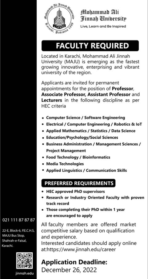 JOBS | MOHAMMAD ALI JINNAH UNIVERSITY | 2022