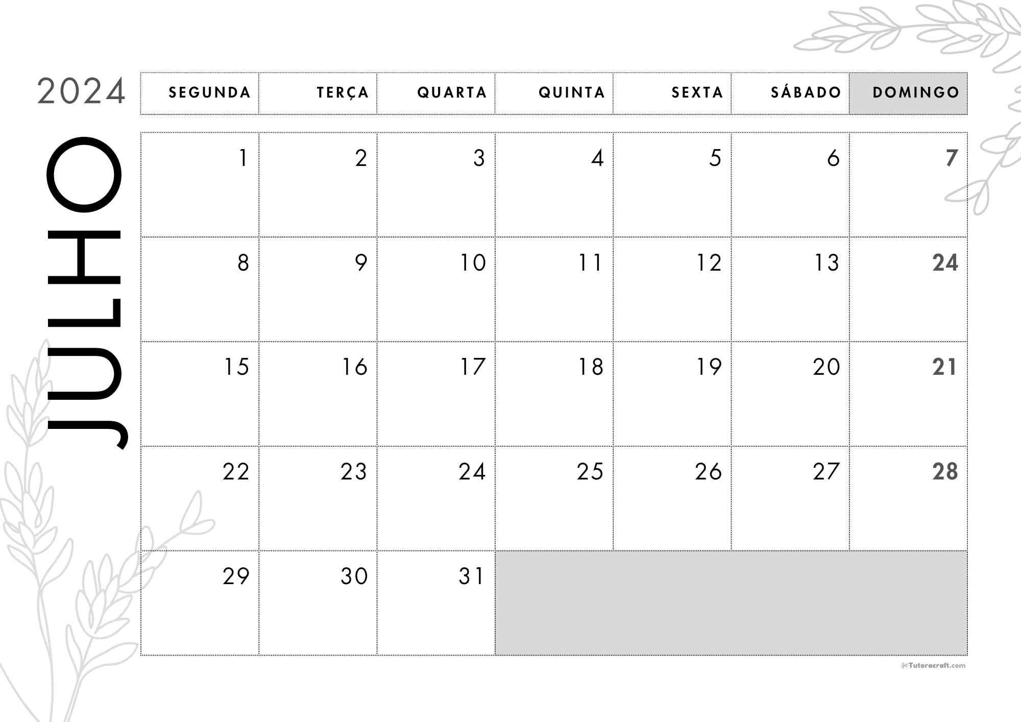 Calendário mensal julho 2024 para imprimir