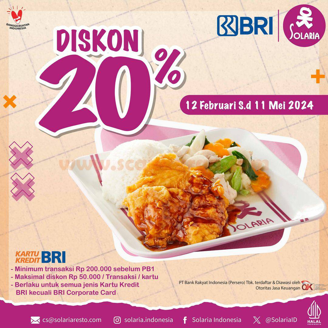 Promo SOLARIA BRI Diskon 20% dengan Kartu Kredit BRI