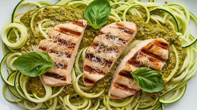 Zucchini Noodles with Pesto and Grilled Chicken