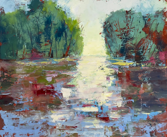 River Light oil and cold wax painting with light reflections in the water by Karri Allrich