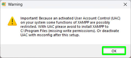 xampp installation warning about user account control windows