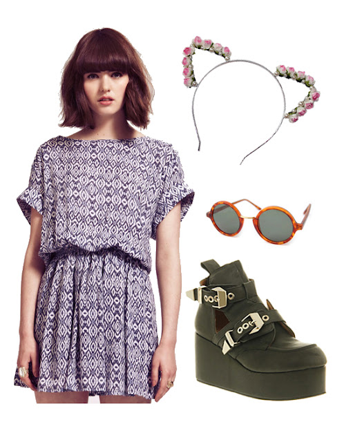 dahlia vanessa dress, roses and clementines kitty floral ears headband, jeffrey campbell platrane leather boots from office and giant vintage tortoise shell sun glasses