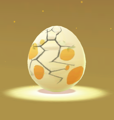 White egg with yellow-orange spots on it, cracking as if about to hatch. Egg is on a white circular 'spotlight' surrounded by an orange-brown background