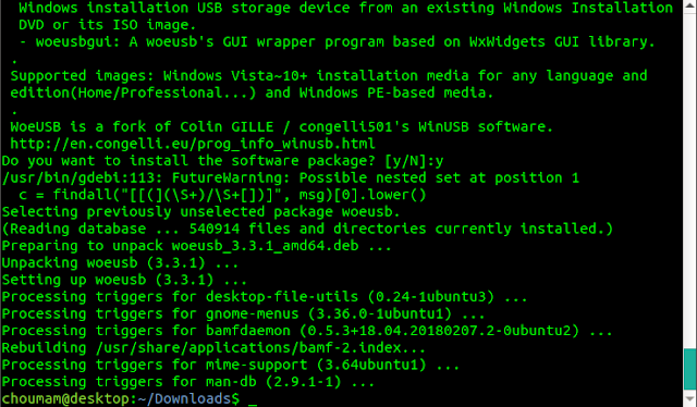 Proses pemasangan WoeUSB di Ubuntu 20.04 LTS telah selesai