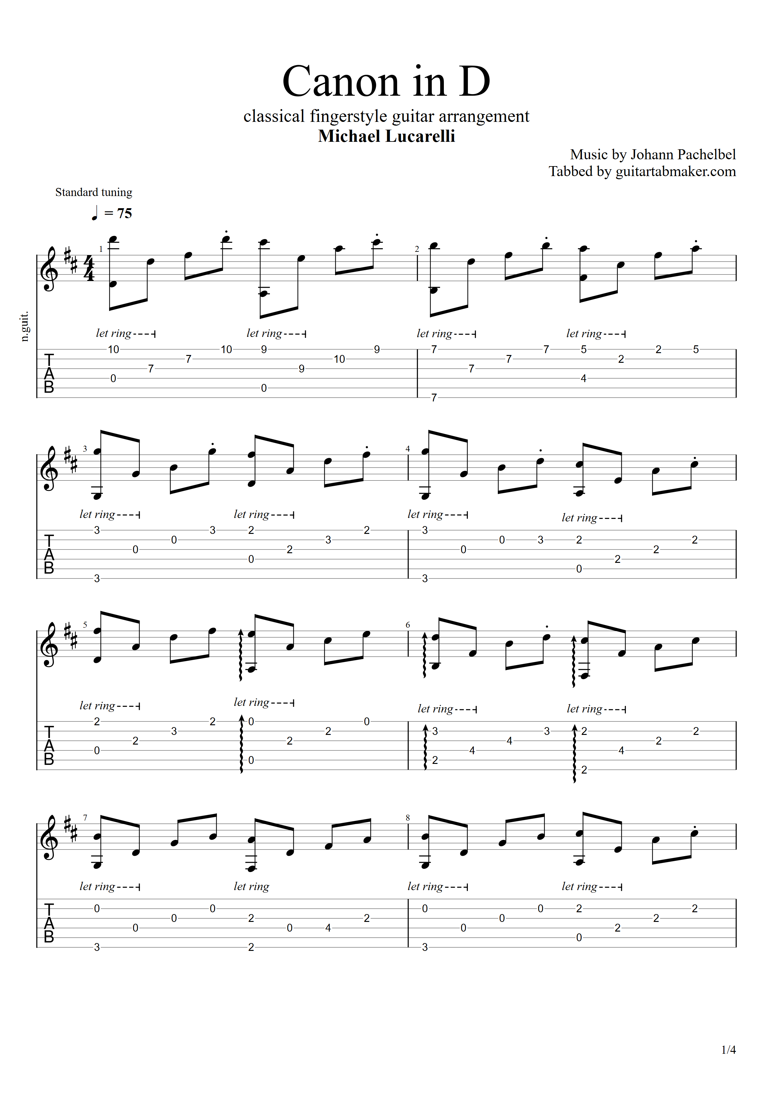 Pachelbel - CANON IN D fingerstyle guitar TAB