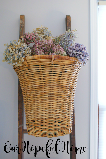 vintage French wall basket hydrangeas ladder