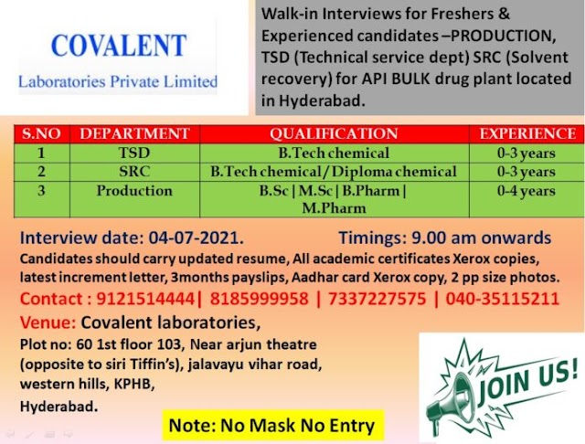 Covalent Labs | Walk-in for Freshers and Expd on 4th Jul 2021