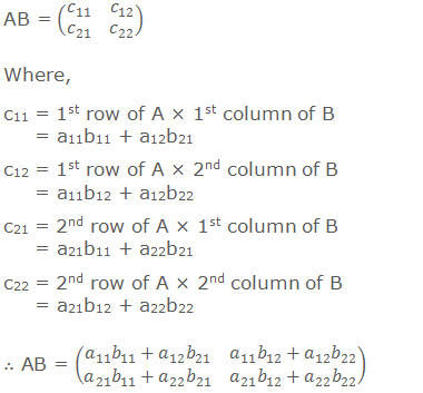 AB = (■(c_11&c_12@c_21&c_22 )) Where, c11 = 1st row of A × 1st column of B       = a11b11 + a12b21 c12 = 1st row of A × 2nd column of B       = a11b12 + a12b22 c21 = 2nd row of A × 1st column of B       = a21b11 + a22b21 c22 = 2nd row of A × 2nd column of B       = a21b12 + a22b22 ∴ AB = (■(a_11 b_11+a_12 b_21&a_11 b_12+a_12 b_22@a_21 b_11+a_22 b_21&a_21 b_12+a_22 b_22 ))