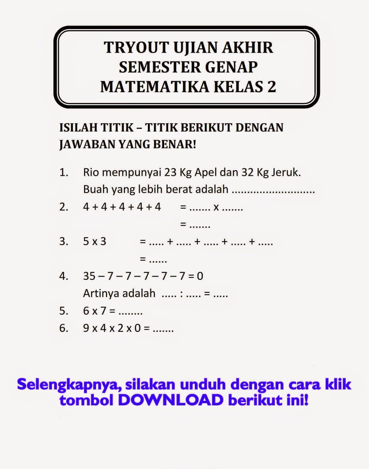 Download Soal UKK Matematika Semester Genap Kelas 2 Download Lengkap Latihan