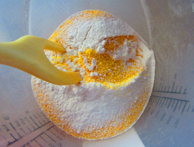mixing polenta, salt and baking powder