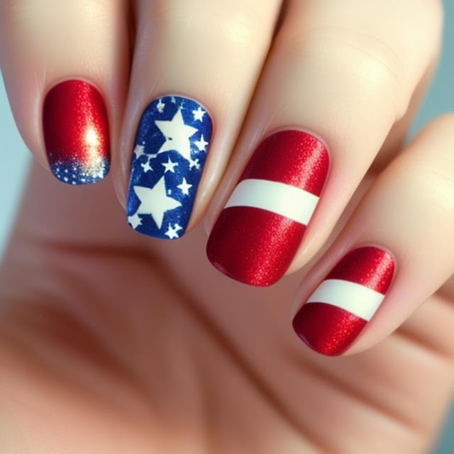 4th of July nail art design ideas, patriotic nails, independence day nail design, American flag nail art
