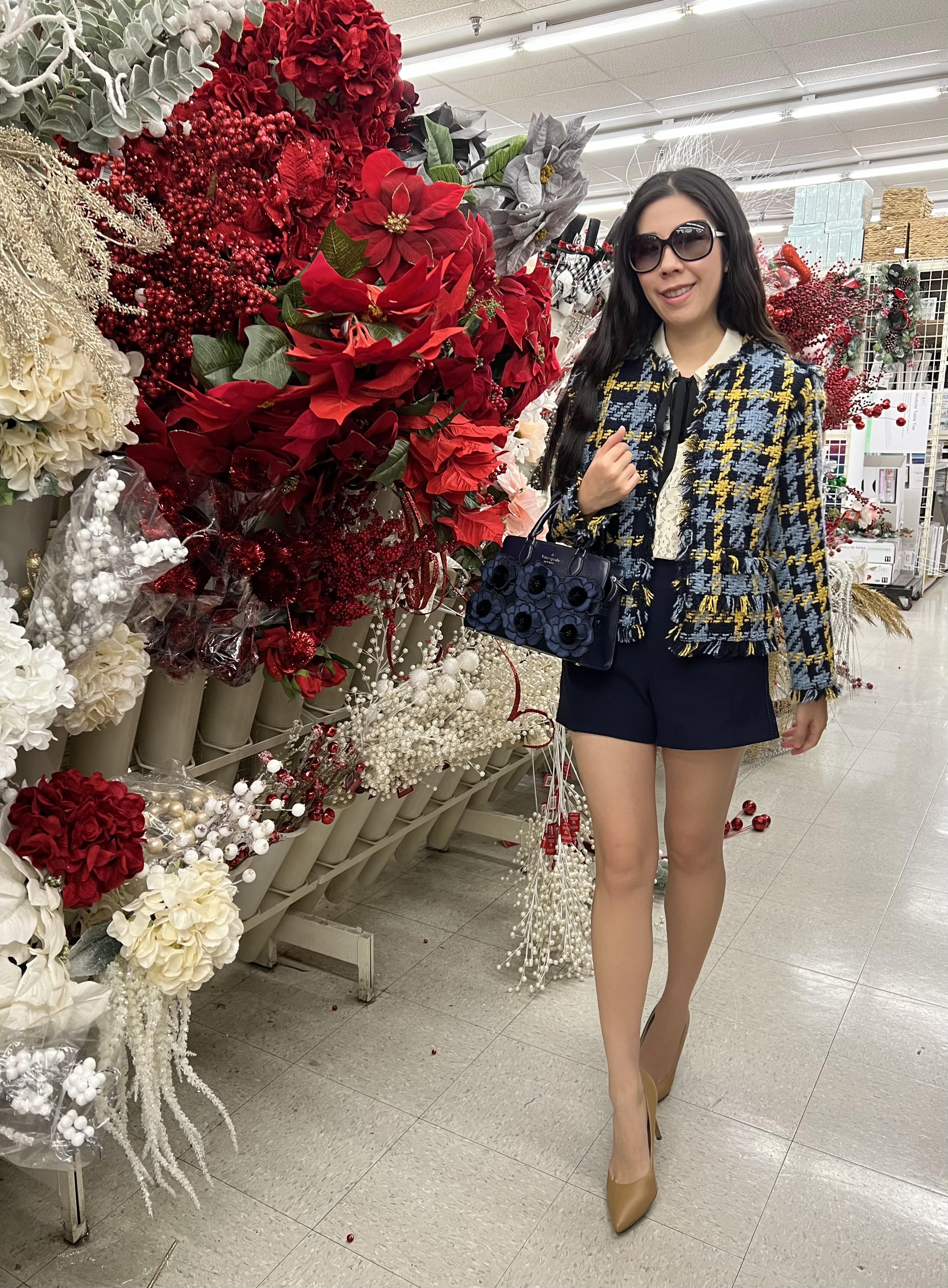 Adrienne Nguyen_Blue and Yellow Tweed Jacket with a Lace Bow Tie Top and High Waisted Sailor Shorts_Kate Spade Blue Floral Embroidered Madison Small Satchel_San Diego Blogger