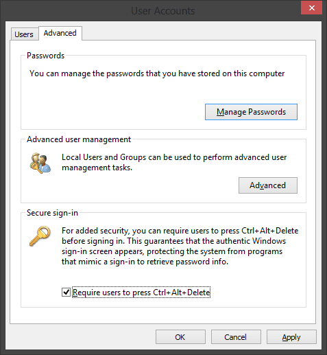 User Accounts Settings - Press Ctrl+Alt+Delete to Unlock