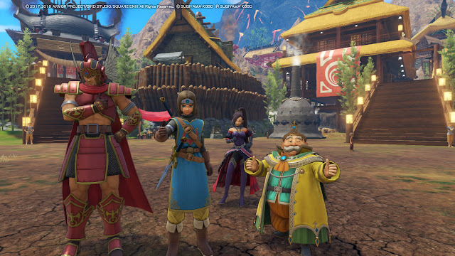 Dragon Quest XI: The Hero, Hendrick, Jade and Rab pose in Hotto Village.