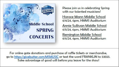 Franklin Music Boosters: Middle Schools' schedule spring concerts, 6/4, 6/5, & 6/6
