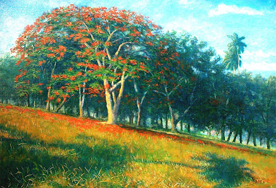 Cuadro de paisaje cubano con flamboyan