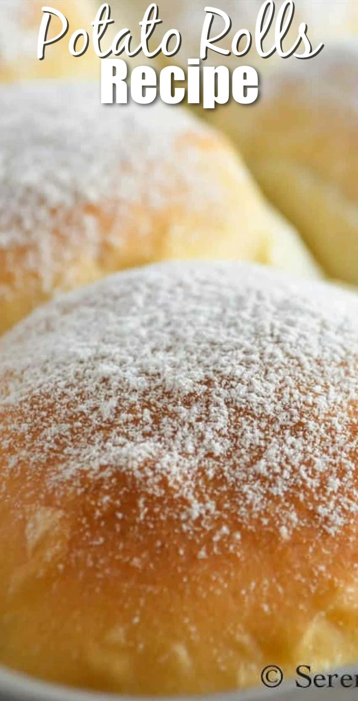 A photo of Soft Fluffy Potato Rolls in a metal pan dusted with flour. At the top of photo white text Potato Rolls Recipe.