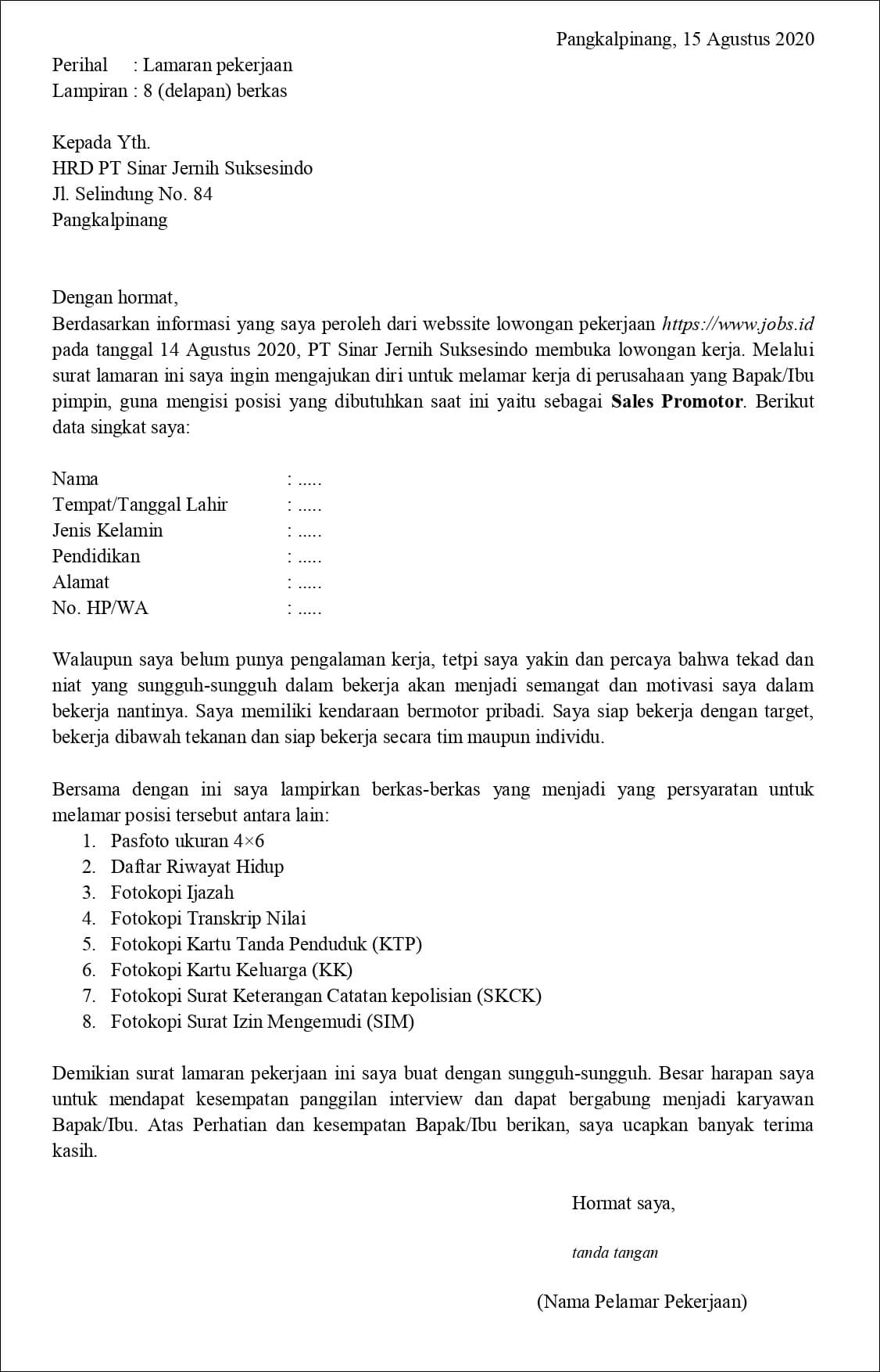 contoh application letter sales promotor (fresh graduate) berdasarkan informasi dari website