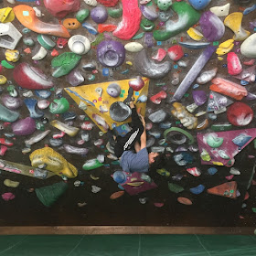 boy bouldering hanging upside down on a bouldering indoor wall